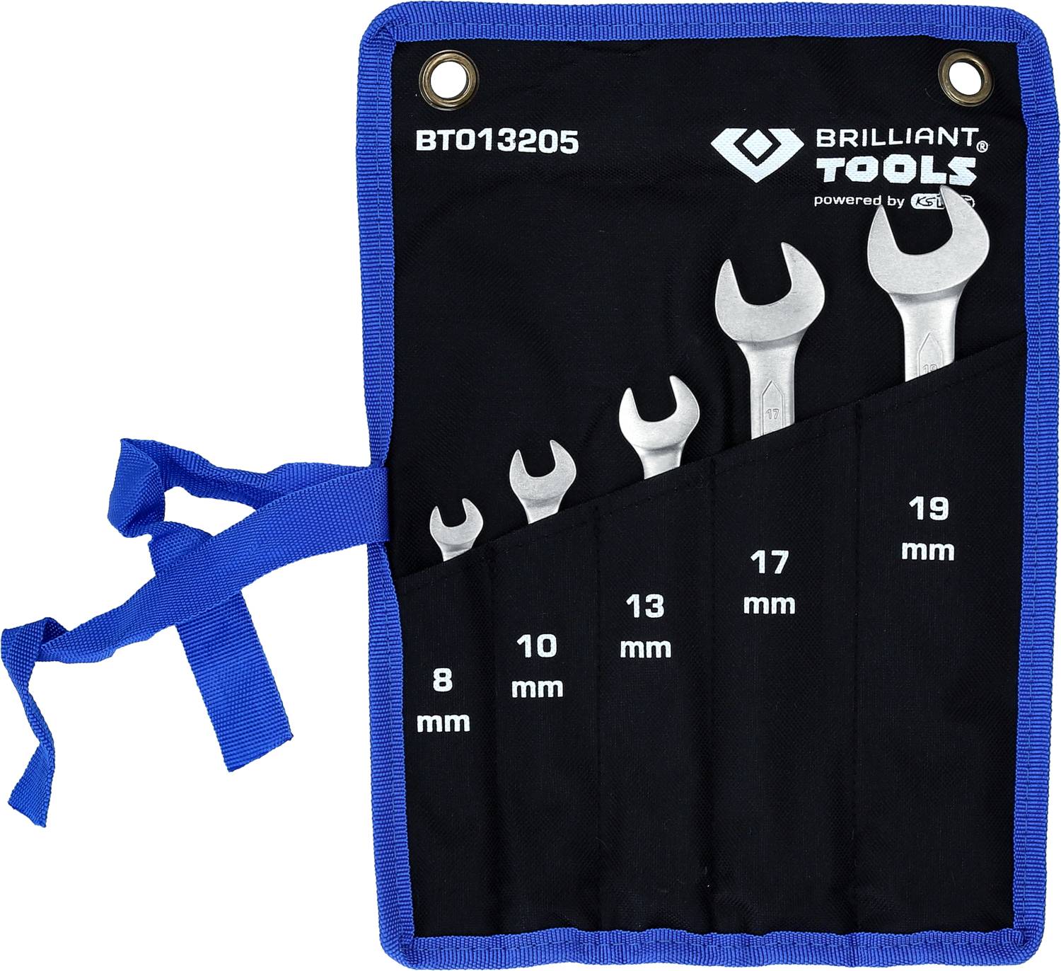Five spanners in a black storage bag with blue trim. Sizes: 8, 10, 13, 17, 19 mm, with eyelets at the top.