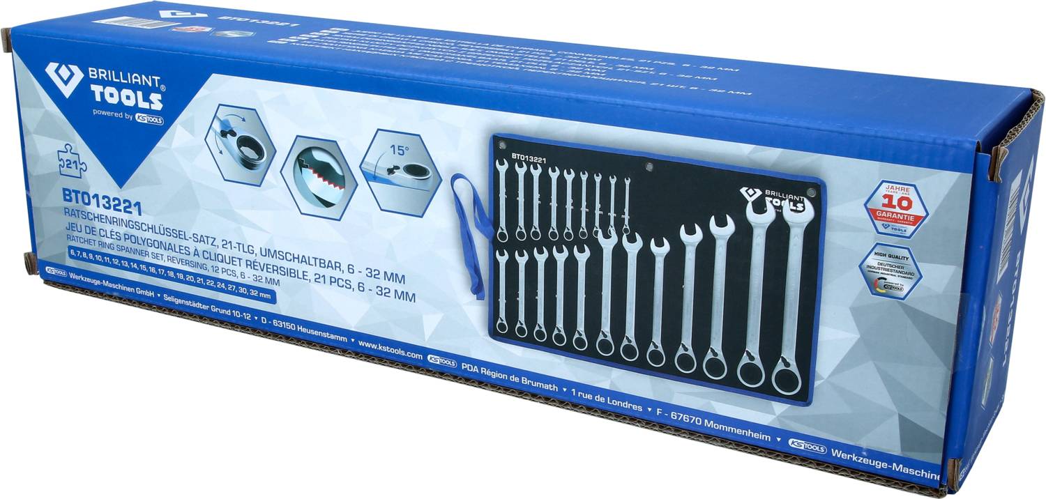 'Packaging of a Brilliant Tools ring spanner set with 8 pieces ranging from 6 to 32 mm, including storage holder and guarantee information.'