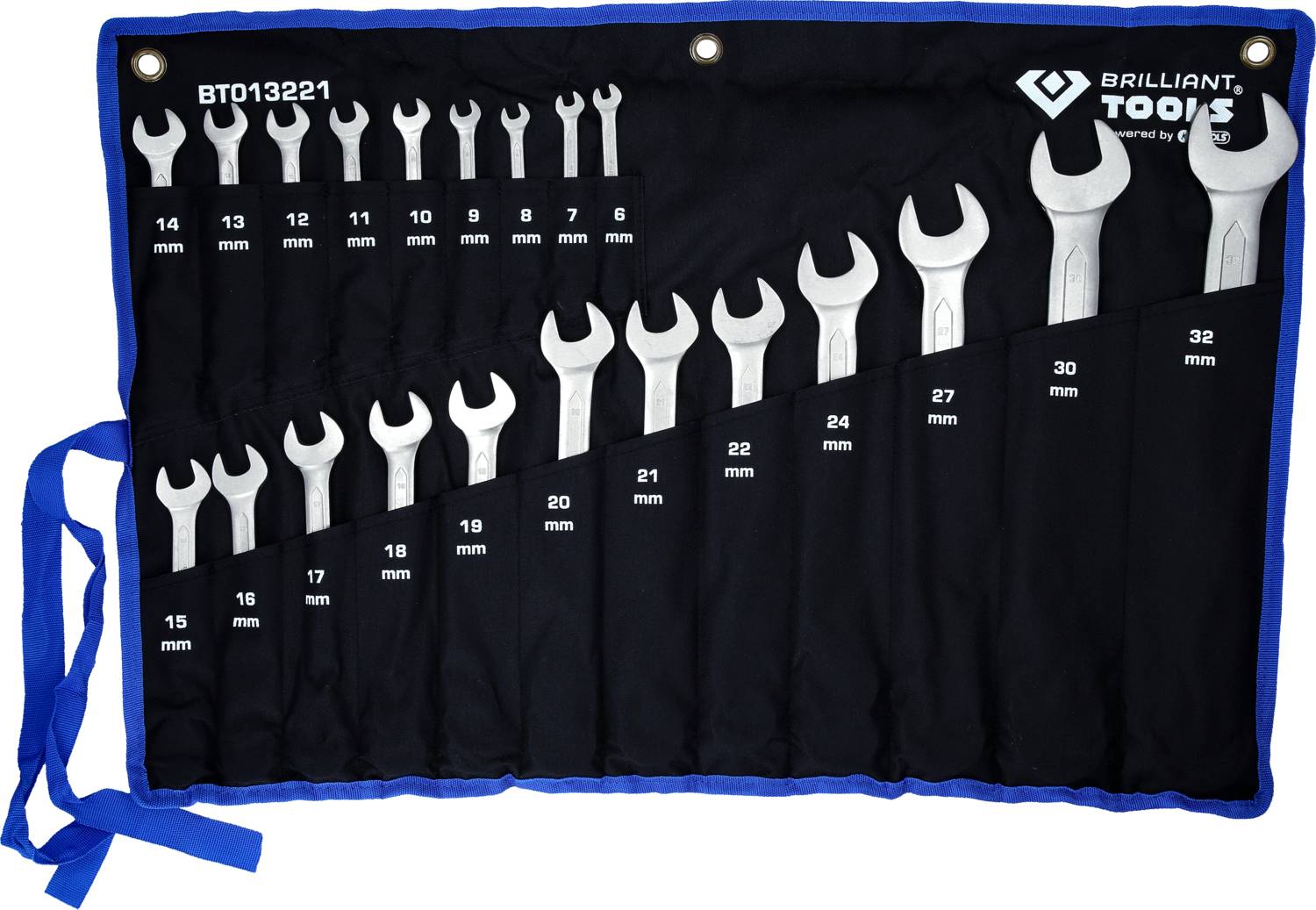 Set of 18 spanners in a rolled-up tool pouch, arranged by size from 6 mm to 32 mm, with a blue border.