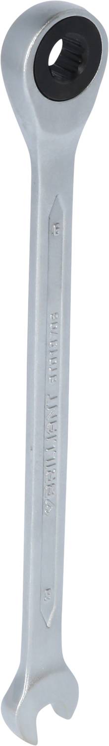 A silver-coloured spanner with an open and a ratchet head side, vertically aligned.