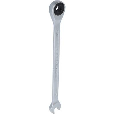 A silver-coloured spanner with an open and a ratchet head side, vertically aligned.