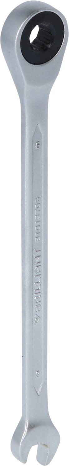 A silver ring spanner with ratchet function.