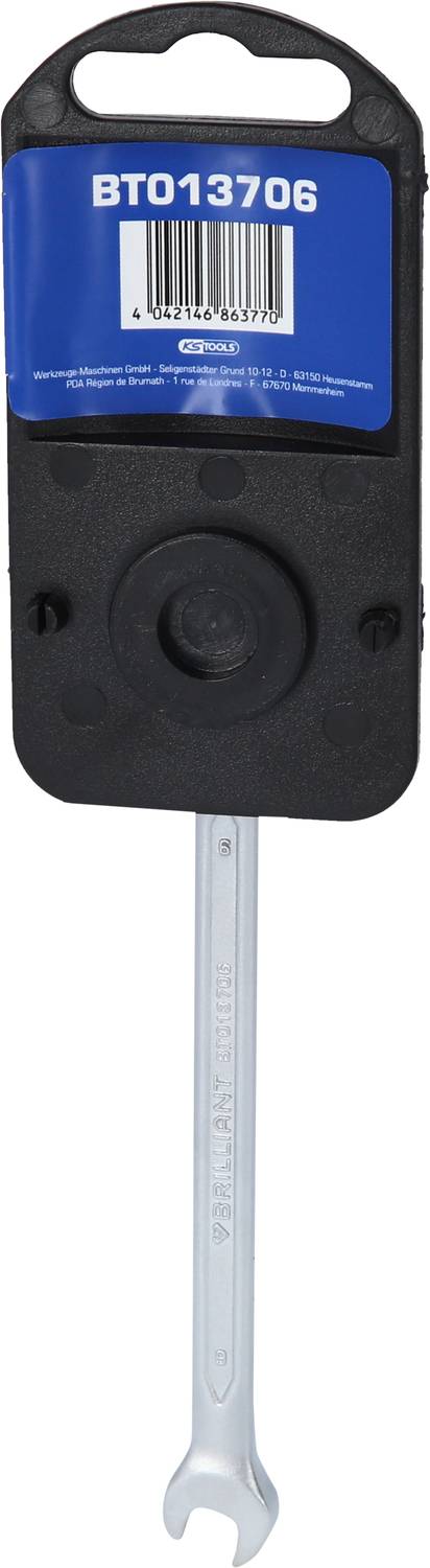 A spanner with a black, rectangular socket attachment and a blue label with a barcode.