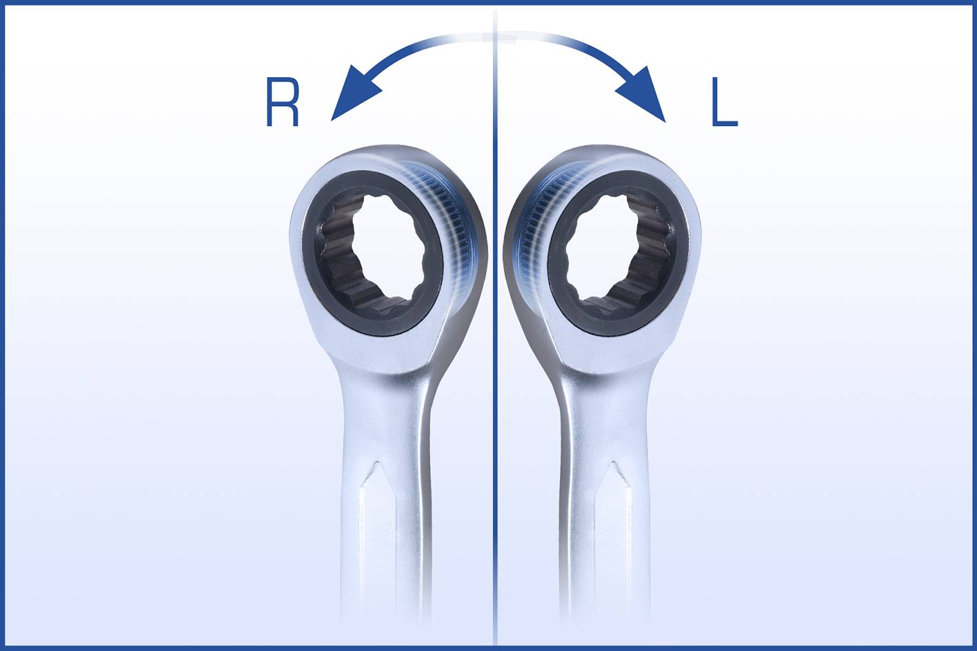 The image shows two spanners with arrows above them indicating 'R' and 'L', suggesting a change in direction.