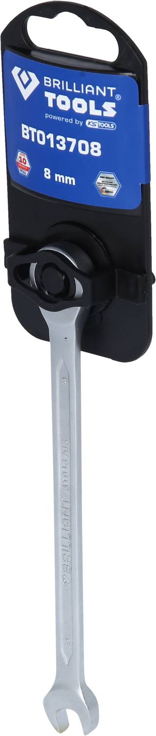 An 8 mm spanner from the brand 'Brilliant Tools', attached to a black mounting bracket with label and serial number BT013708.