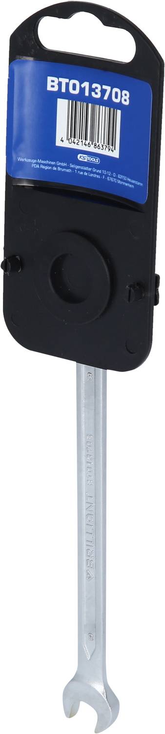 A silver spanner with a blue packaging on top, containing product information.