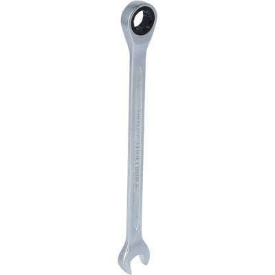 A silver spanner with an open-ended and a ring-ended side, suitable for loosening or tightening bolts.