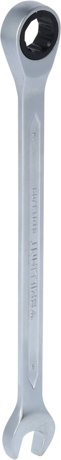 A silver spanner with an open end and a ratchet mechanism at the other end, for tightening or loosening screws.