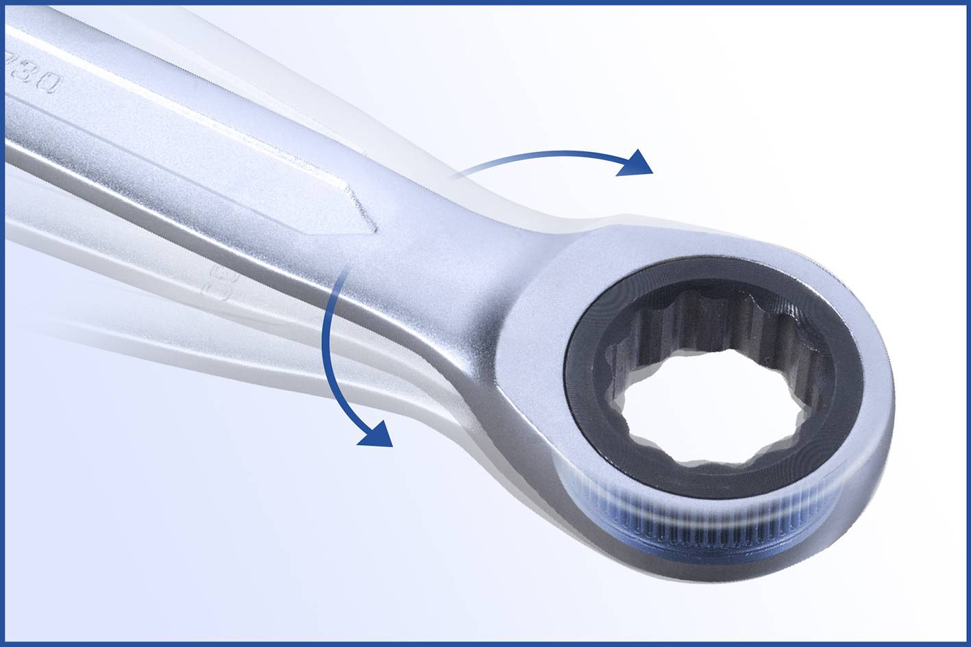 A ratchet spanner shows directional arrows that illustrate the mechanism and functionality for loosening or tightening screws.