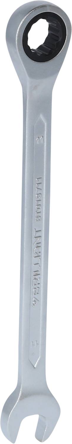 A silver spanner with a ring-end and an open jaw; a tool for fastening screws.