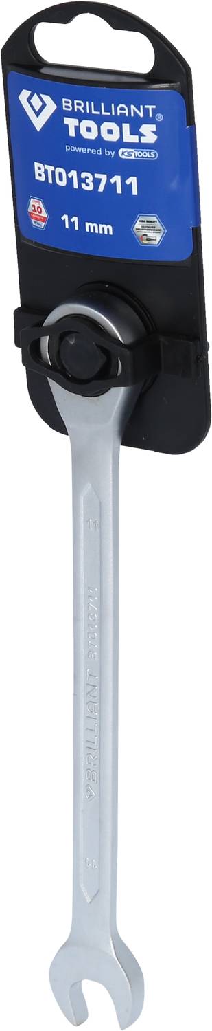 An open spanner with the marking 'Brilliant Tools BT013711 11 mm' and a blue label attached.