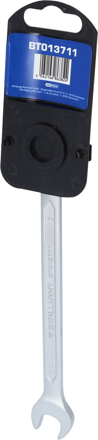 Open-ended spanner in packaging with blue hanging loop and barcode. Size of spanner and model number BT013711 visible.