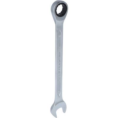 A silver spanner with an open and a closed ring end, manufactured from metal.