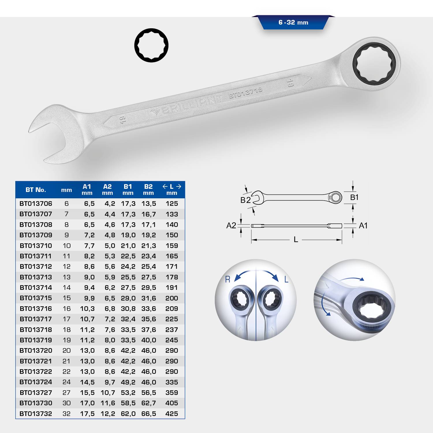 Spanner: Technical Drawing and Table with Sizes and Dimensions. With Two Ends: an Open-Ended Spanner and a Ring Spanner.