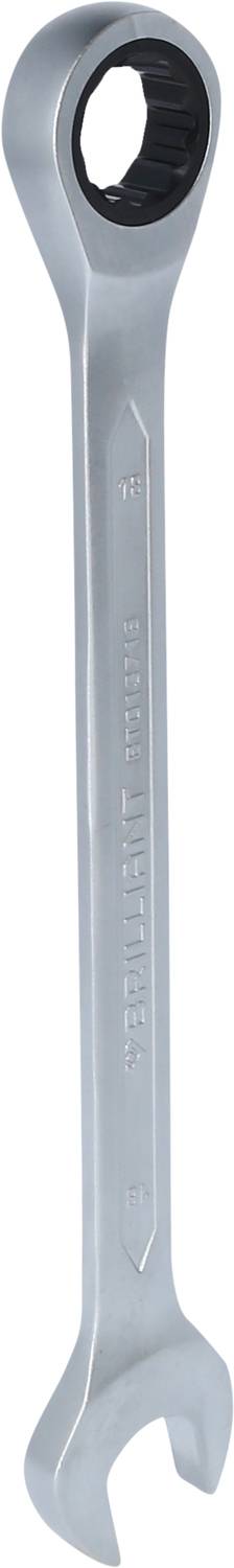 A silver spanners with ratchet function. The handle is long, with open and closed rings at the ends for tightening screws.