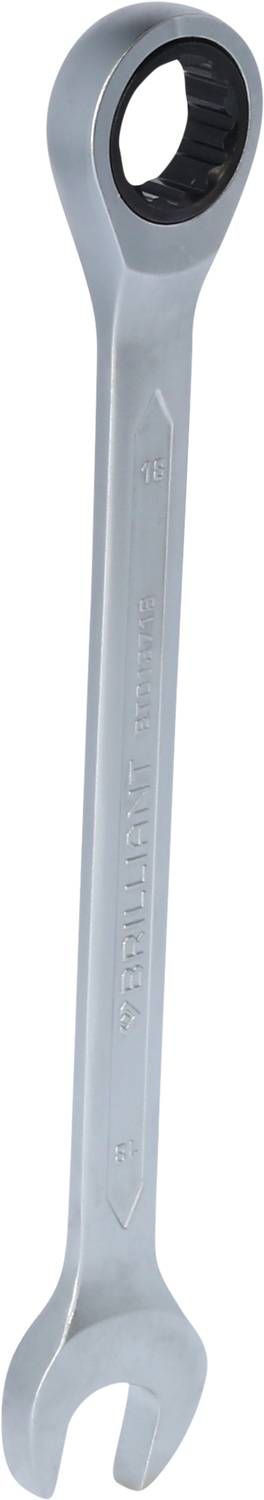 A silver spanner with an open end and a ratchet ring at the other end, set against a white background.