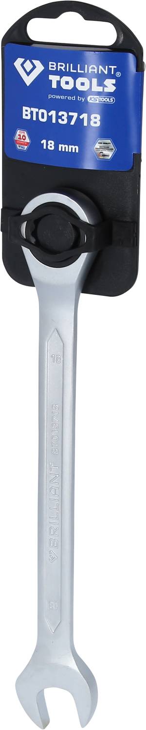 A silver 18 mm spanner from Brilliant Tools, secured to a blue packaging tray, displays the product number BT013718.