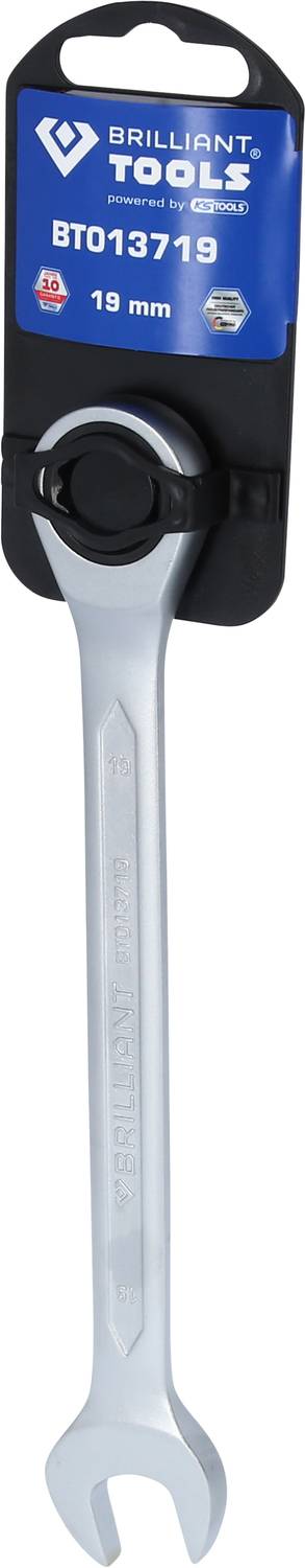 A 19-mm spanner from Brilliant Tools in a black packaging with a label on top.
