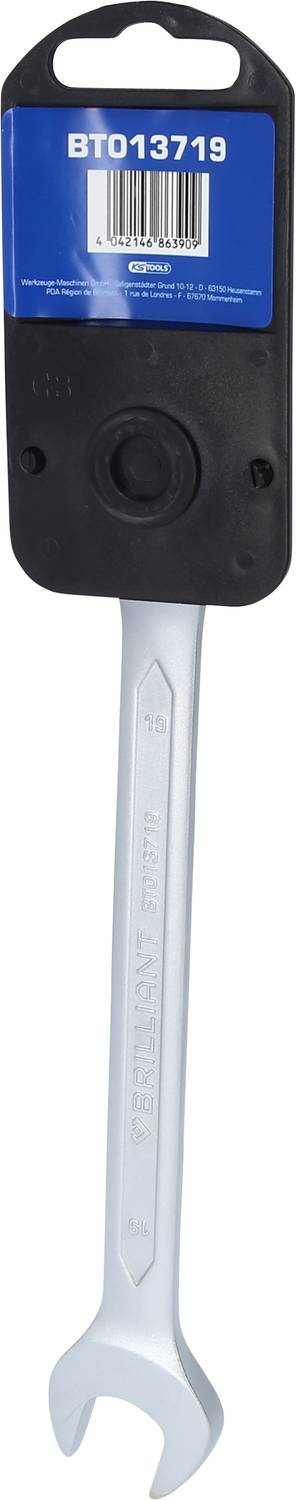 A silver spanner with a black plastic hanger, displaying a barcode and product number 'BT013719'.