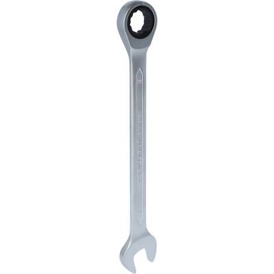 A silver adjustable spanner with a ratchet at one end. A tool used for tightening or loosening nuts and bolts.