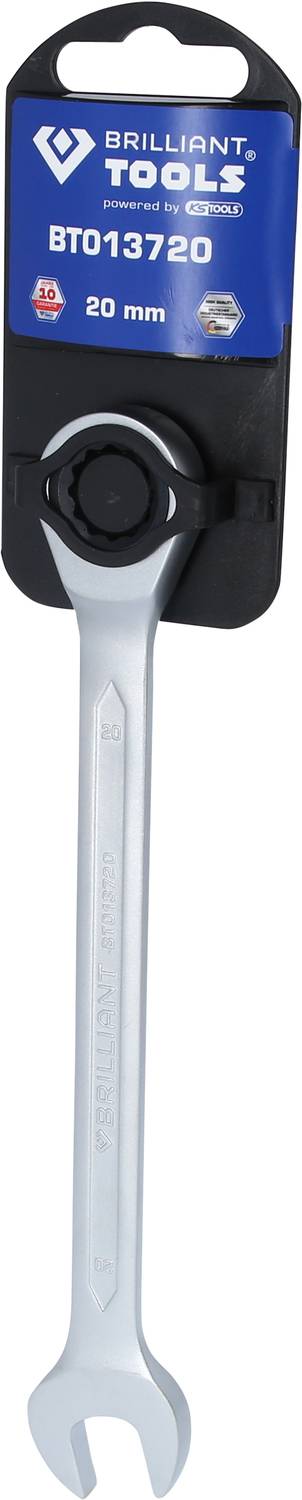 A silver adjustable spanner from Brilliant Tools, model BT013720, 20 mm. Packaging displays logo and tool for mechanical work.