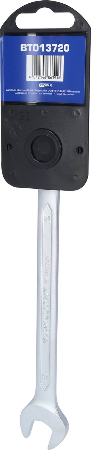 A silver spanner with packaging label 'BT013720'.
