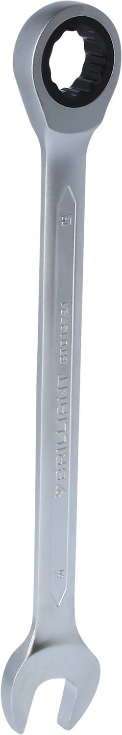 A silver double-ended spanner with an open jaw at one end and a ring spanner at the other. Tool for screw-related work.