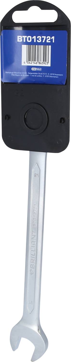 A silver spanner with packaging displaying the number 'BT013721'. The packaging has a barcode at the top.