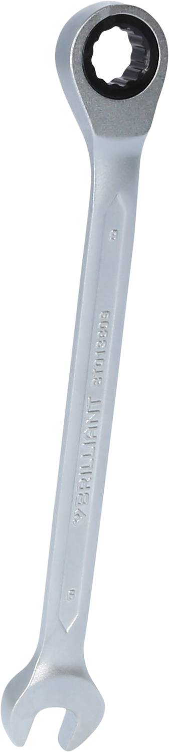 A silver ring spanner with an open jaw on one side and a closed, fluted ring on the other side.