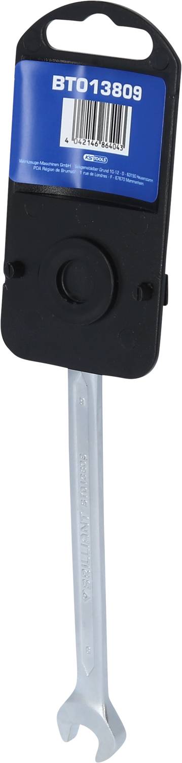 Metal double-ended spanner with a plastic label showing the model number BTO13809.