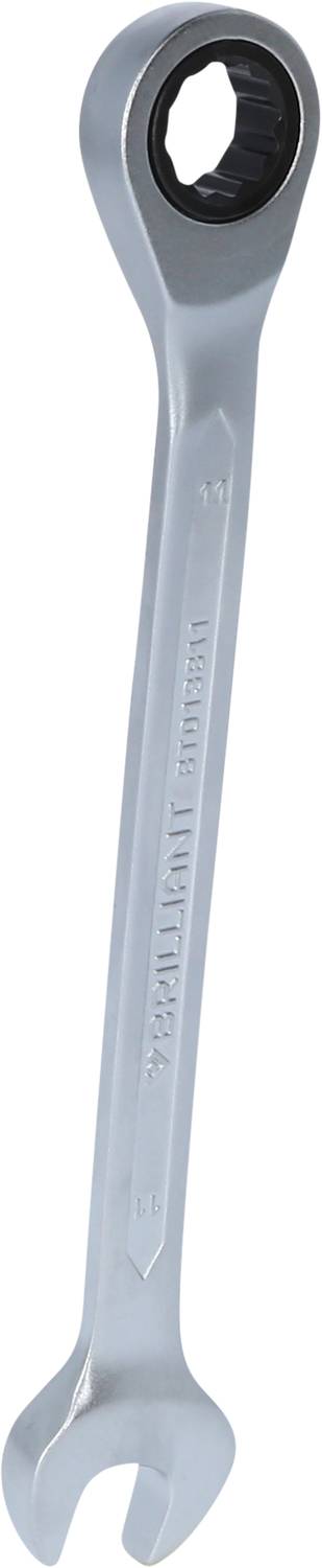 A silver ratchet ring spanner with an open and a closed end. Tool used for tightening or loosening bolts.
