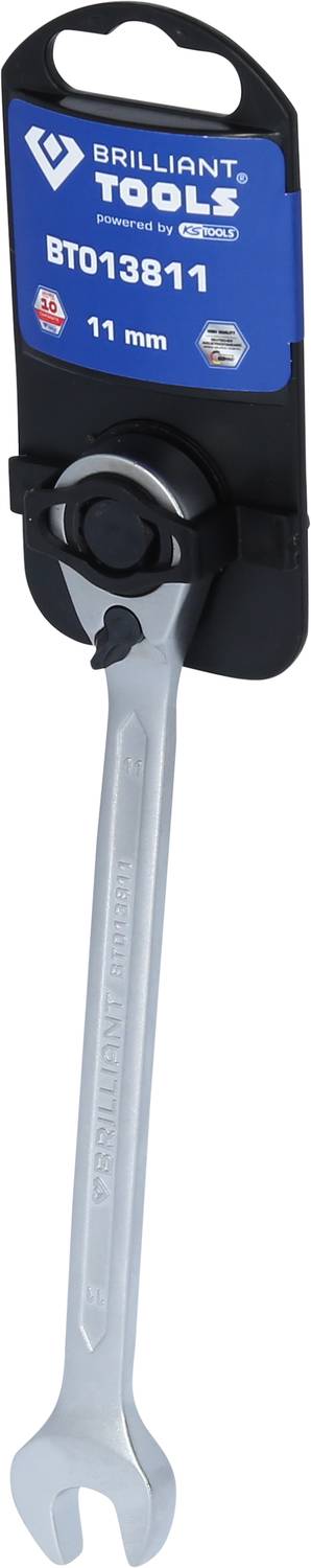 'Brilliant Tools' Ratchet Ring Spanner, 11 mm size, black and silver, mounted on a plastic holder.