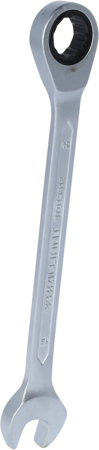 'Silver ratchet spanner. One end open, the other with a ratchet mechanism for easy tightening or loosening of screws.'