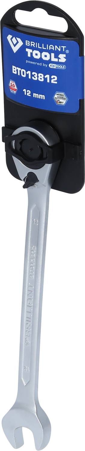 A silver ratchet spanner with a 12 mm size, presented on a blue packaging card from 'Brilliant Tools'.