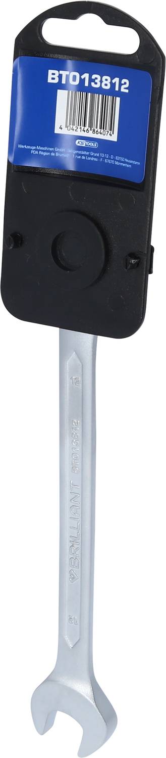 'An open adjustable spanner with packaging showing the product number BT013812 and a barcode.'