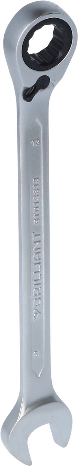 A silver ring spanner with open and closed jaw apertures. Suitable for working on screws and nuts of various sizes.