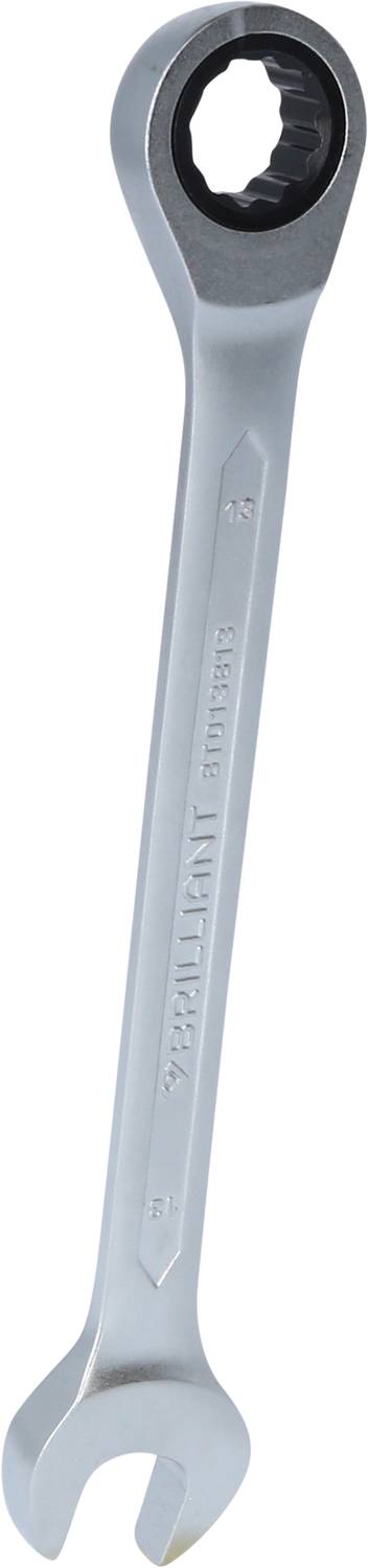 A silver spanner with an open and a ratchet end, suitable for loosening or tightening nuts and bolts.