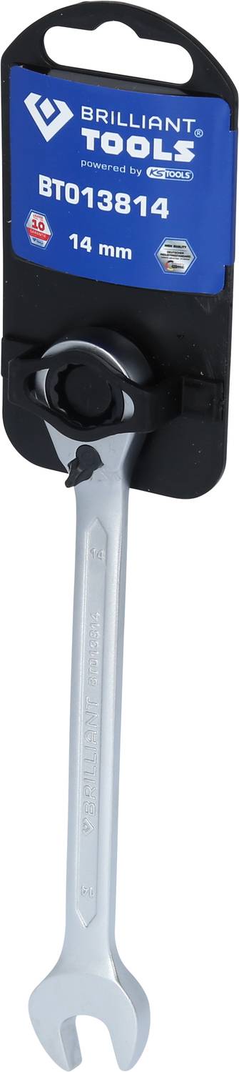 A silver ring spanner from the 'Brilliant Tools' brand with model number BT013814 and a size of 14 mm.