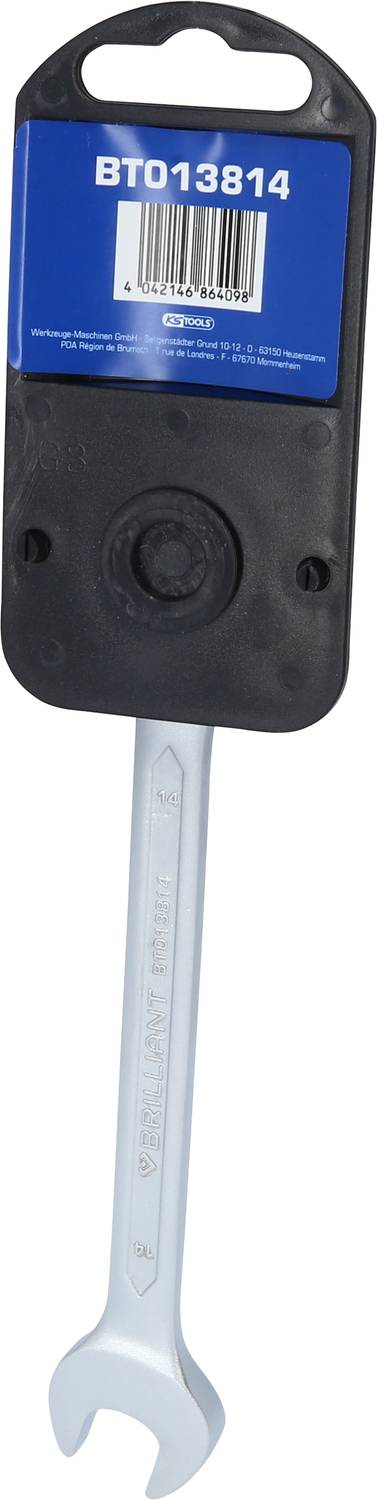 Ring spanner with 'BT013814' inscription, black and blue mounting. Tool for use in automotive repairs.