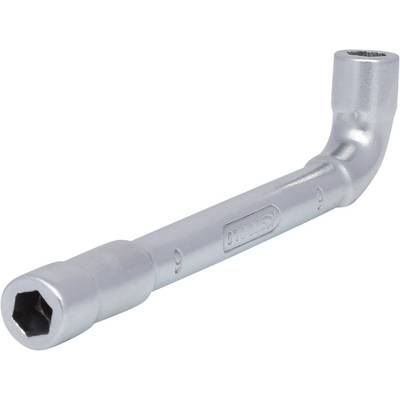 A silver metal Allen key with hexagonal openings at both ends. Suitable for screw-related tasks.
