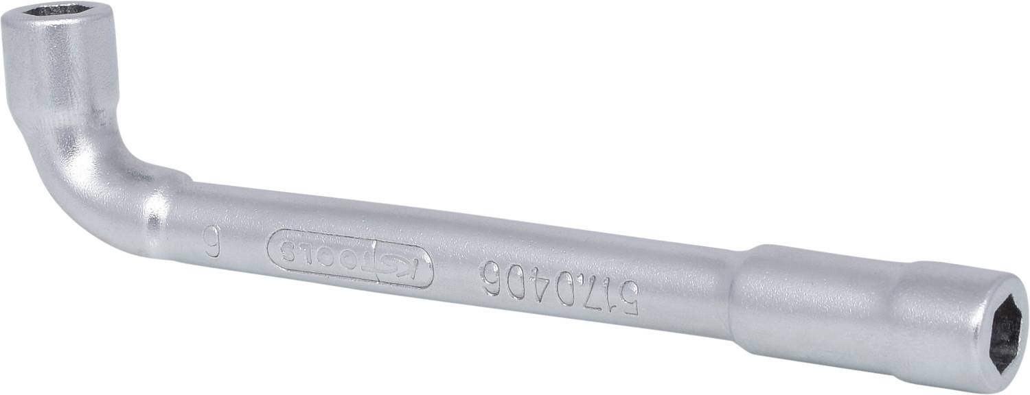 Metal spanner with a curved end, used for tightening nuts and bolts in hard-to-reach locations.