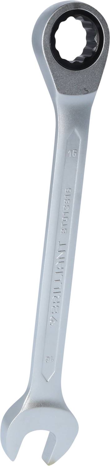 A silver ratchet spanner with a 15 mm size, lies on a white background. Suitable for technical work.