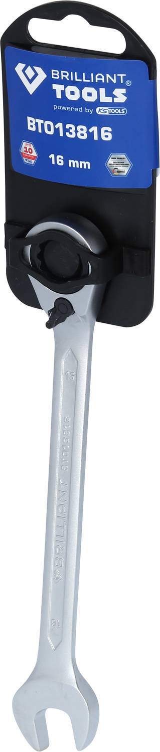 A silver spanner, 16 mm, from 'Brilliant Tools', attached to a black mounting bracket with a blue label.