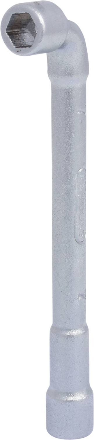 A silver L-shaped hexagonal allen key made of metal.