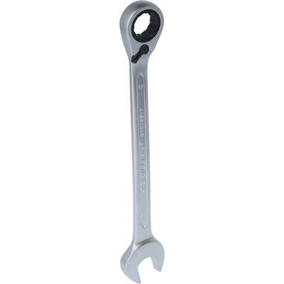 A silver ratchet ring spanner with an open end, used for tightening or loosening screws or nuts.