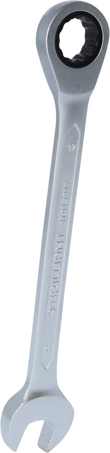 A silver ratchet ring spanner, angled, with open and closed ends, used for tightening screws.