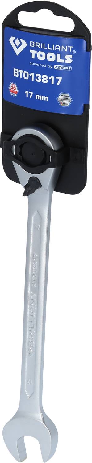 A silver ratchet spanner by Brilliant Tools, model BT013817, 17 mm, on a black background.