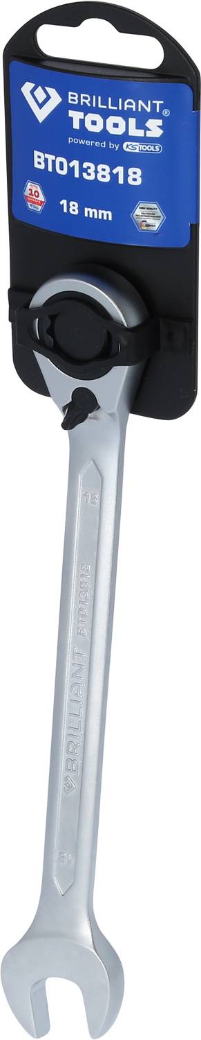 A silver-coloured ring spanner from 'Brilliant Tools', size 18 mm. Packaged in a blue holder with brand logo.