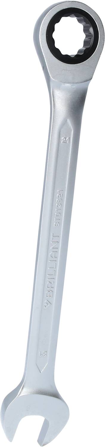 A silver combination spanner with a ratchet ring on a white background.