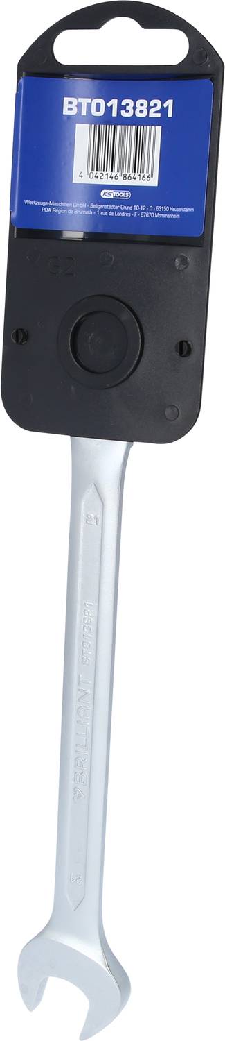 'Adjustable wrench with a black plastic handle and manufacturer's label, showing a barcode and the number BT013821.'
